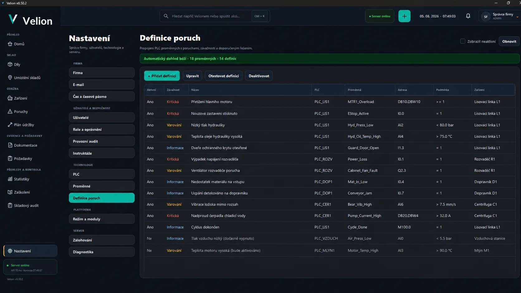 Velion desktop – definice poruch
