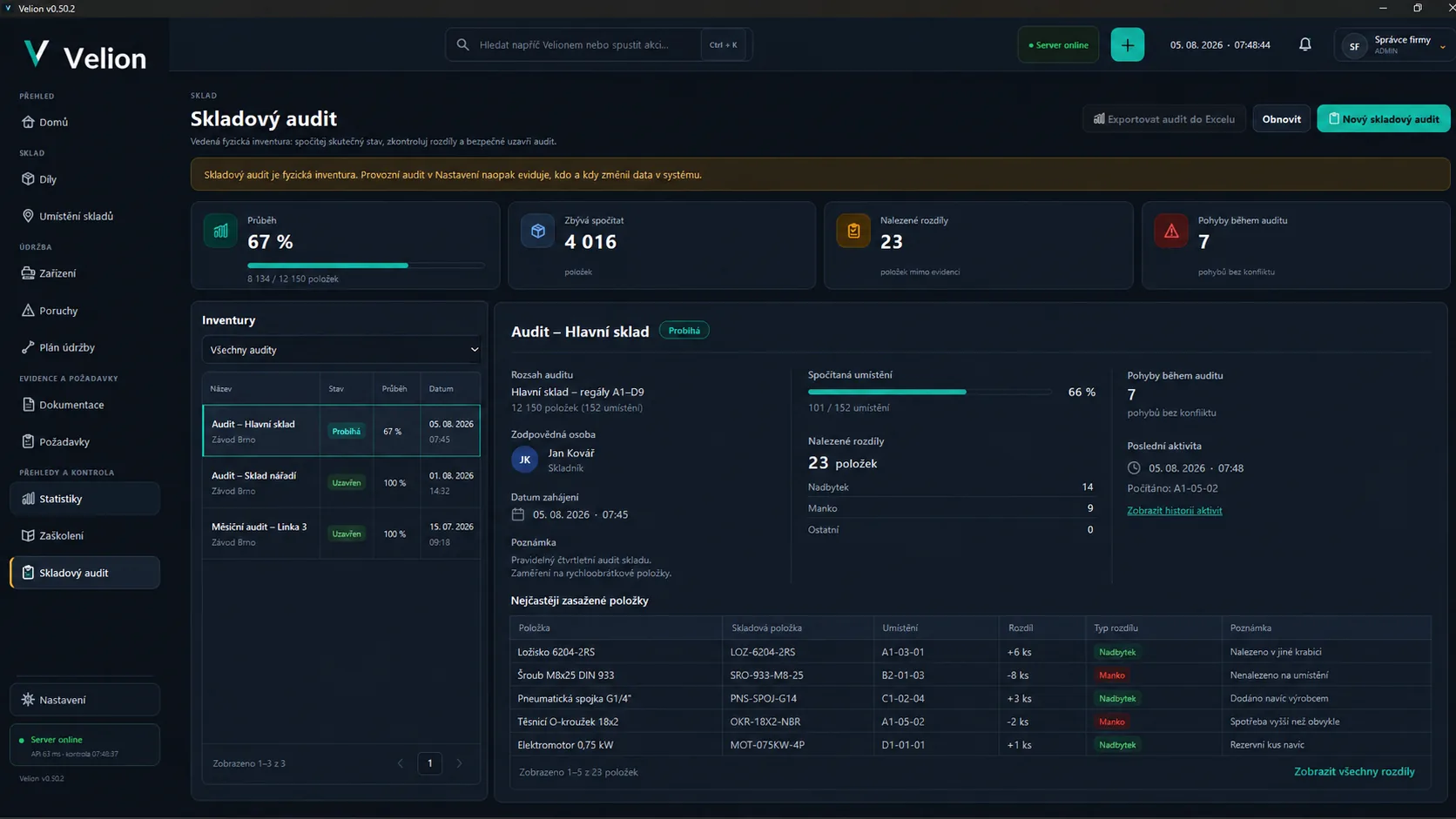 Velion desktop – skladový audit