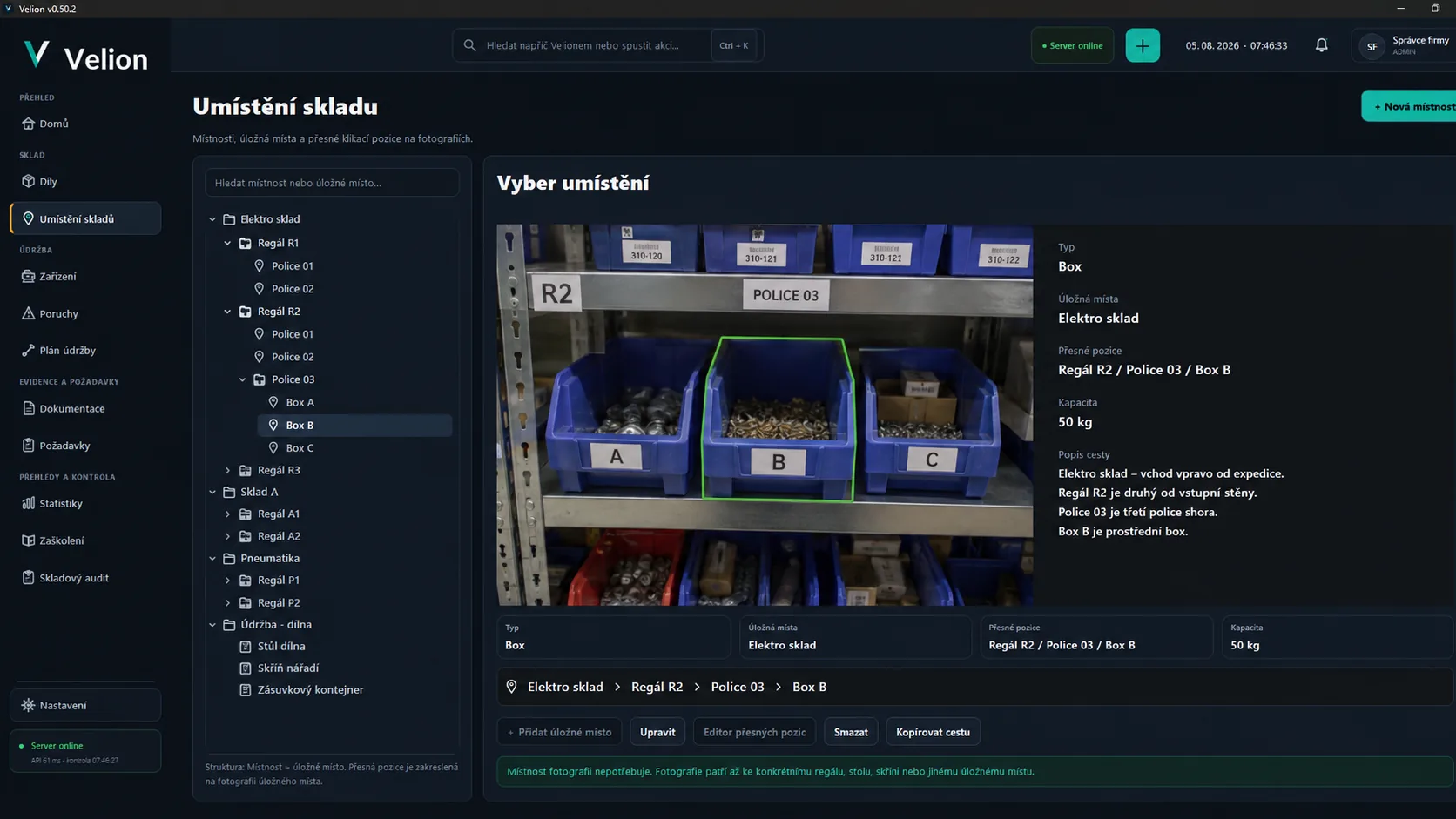 Velion desktop – umístění skladu