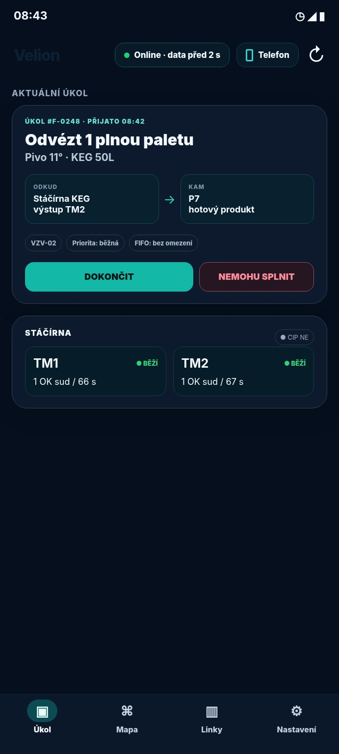 Velion Flow telefon – ukázkový aktivní úkol VZV a stav stáčírny