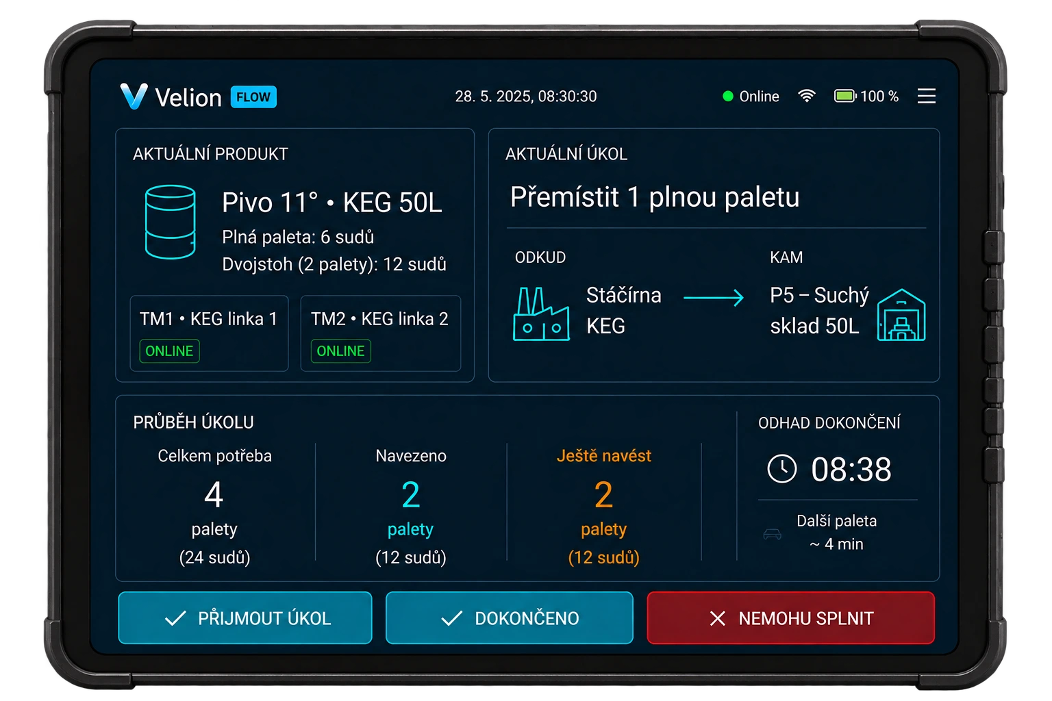 Velion Flow – produktový náhled tabletového režimu pro VZV