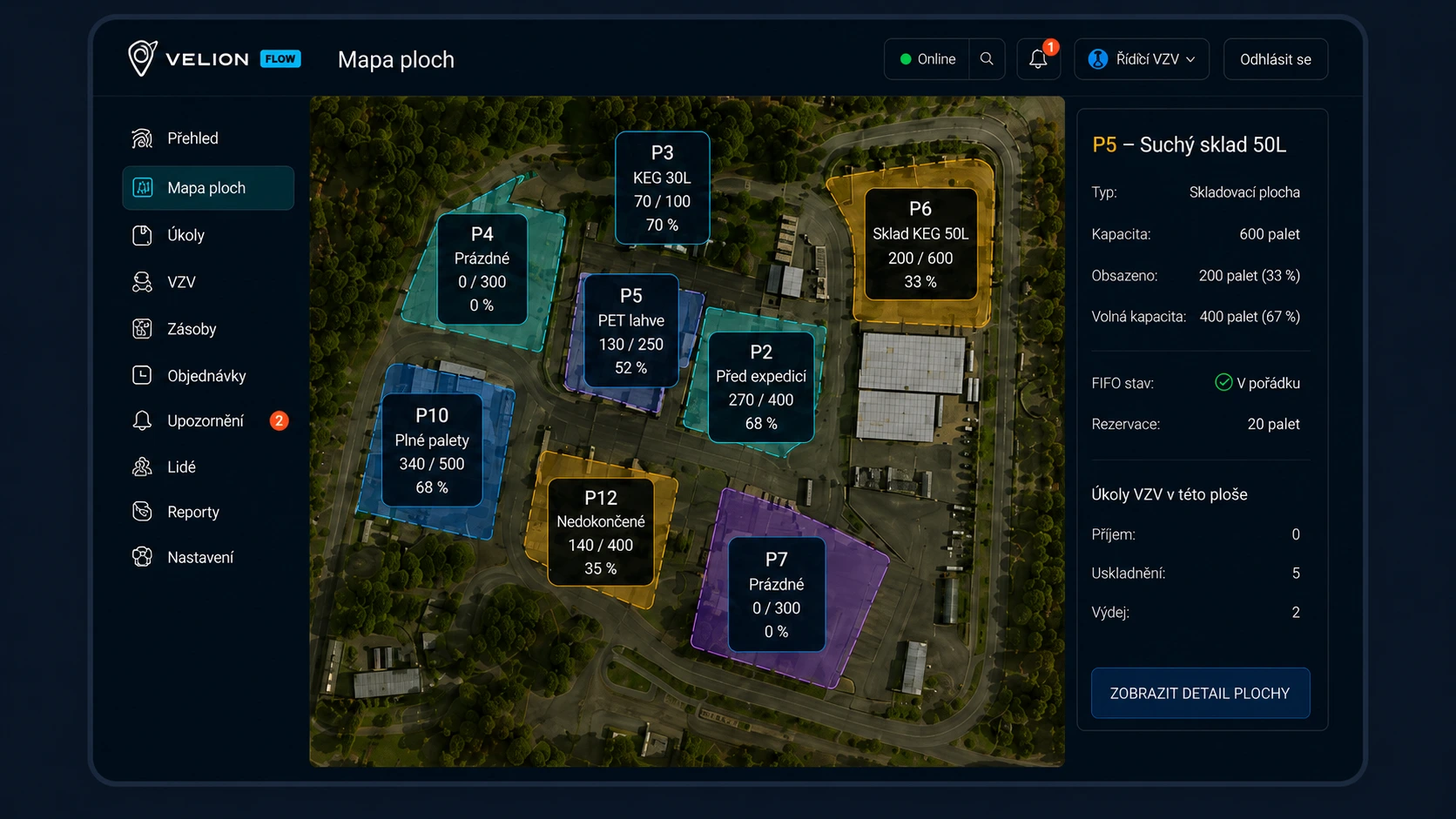 Velion Flow – digitální mapa skladovacích ploch s kapacitou a obsazeností