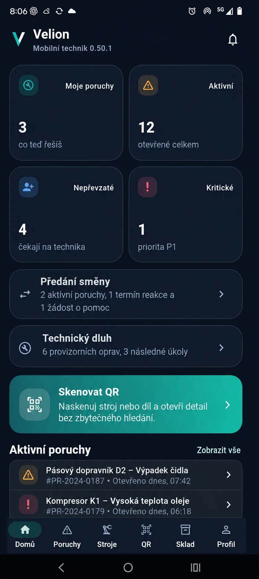Velion mobile – domovská obrazovka technika