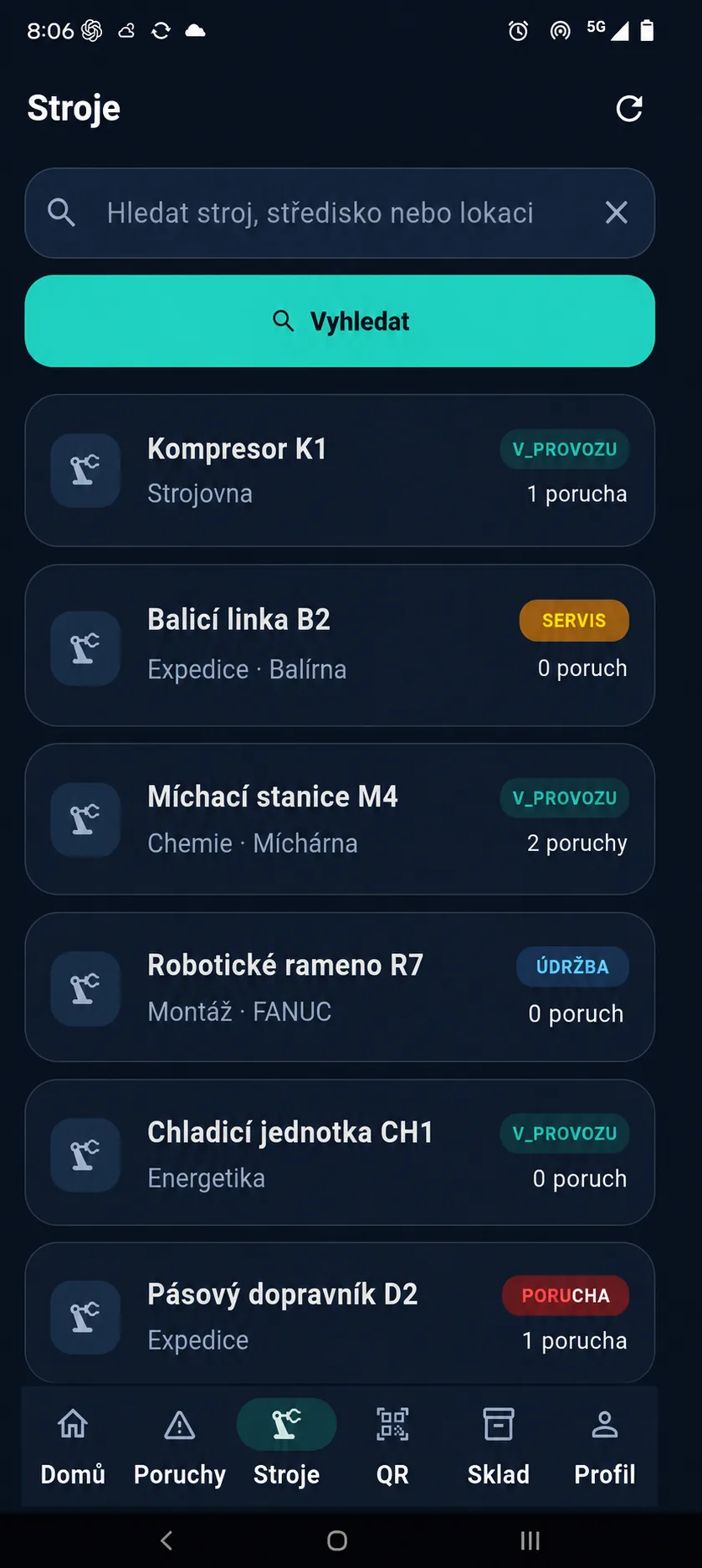 Velion mobile – seznam strojů